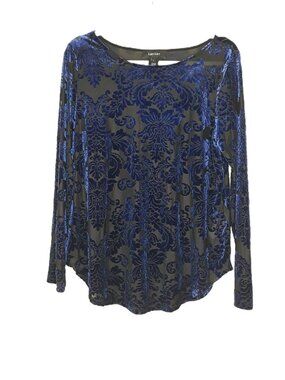 Karen Kane Velvet Burnout Top Blue Floral Semi Sheer Large Whimsigoth Boho